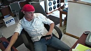 sexy guy with a cat smooth toned body and his big cock out