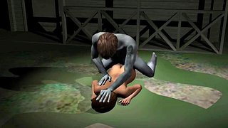 Busty 3d baby fucks a zombie outside