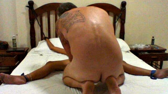 tied up, gagged & hooded,oiled up,stretch out arms and leg