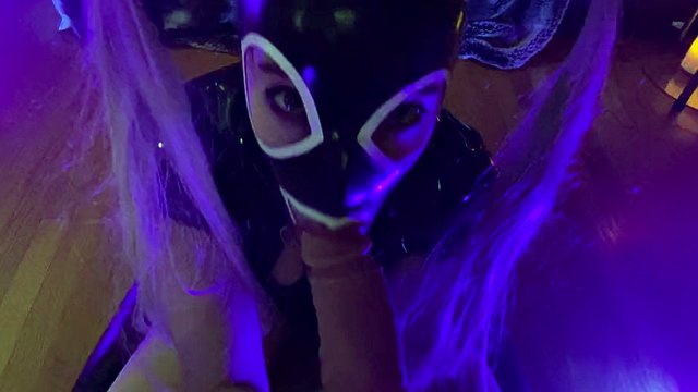 Latex hooded sloppy blowjob pov
