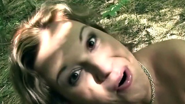 Public blowjob from a blonde in a red dress