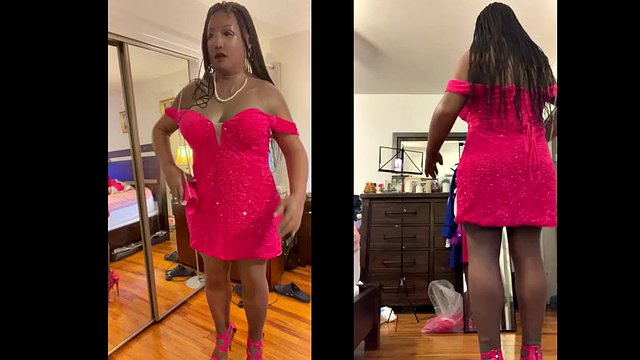 The black Danae takes off her pink dress, lingerie, gets naked and cums