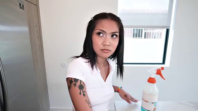 Petite inked Asian maid banged by BBC after deep throat