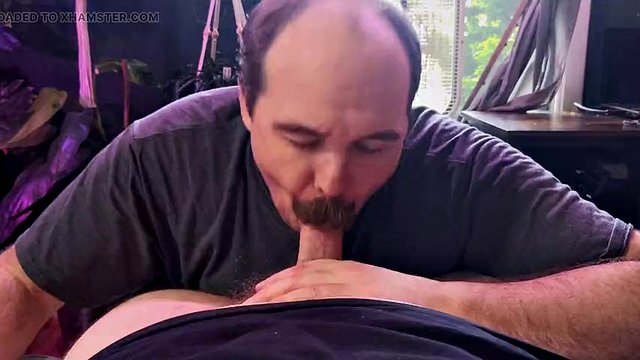 Big Daddy Bubba rubs his nice mustache on the sexy bear's thick cock then gets face fucked, jerks off and sucks cum 4K