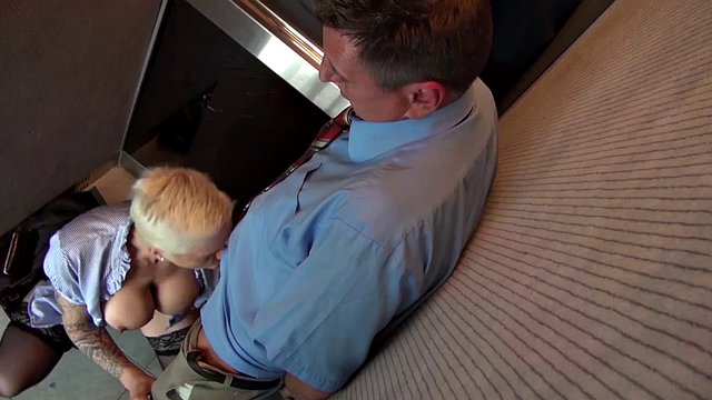 Busty office slut anally fucked in stuck elevator