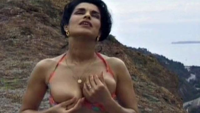 Stunning French woman dildoing her hairy twat outdoors