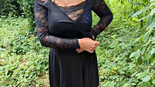 French milf with huge natural tits strips naked for me in the woods with a dildo inserted in her pussy wife dares to flash herself