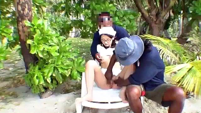 Petite Jap fucked in public by 2 black guys