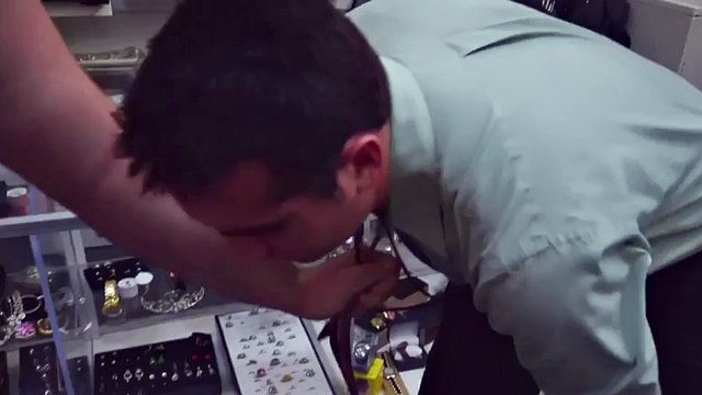 Pawnshop gay buyer gets fucked by owners in public 3some