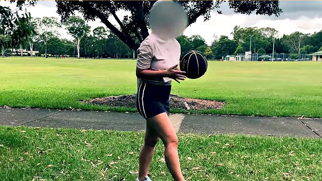 The wife dares to play basketball without bra and panties in a short skirt.