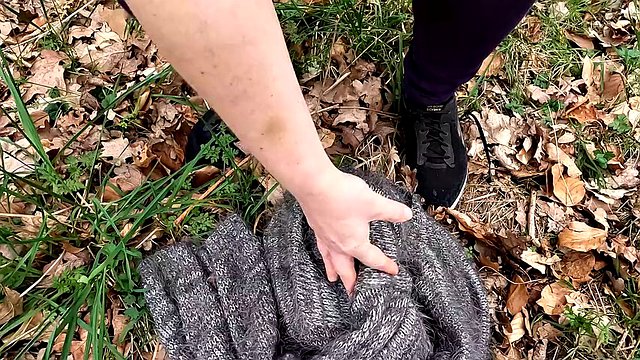 Topless in the woods - hitting her tits hard