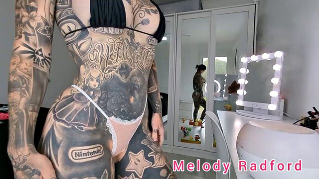 Mini bikini and lace thong try on petite goth MILF in the gym, hentai, tattoos, Melody Radford