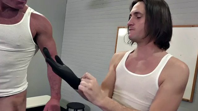 Hairy gay daddy gets his hairy butt fisted by a stud in gloves