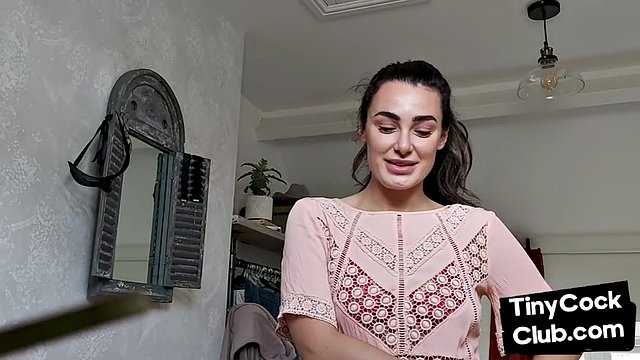 CFNM British babe teasing small cock and begging for cumshot