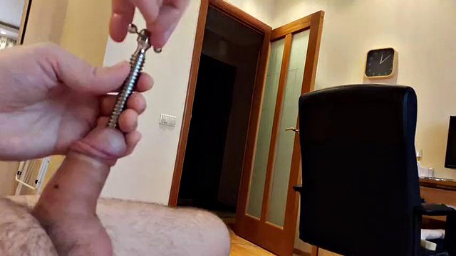 Penis tuner hollow screw urethral plug insertion and a cumshot through