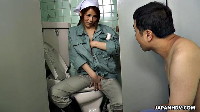 Maki Koizumi works as cleaning staff and fucks a man in a public toilet
