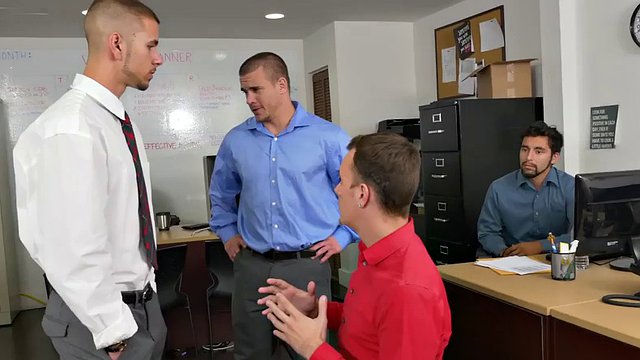 Hunk gay boss fucks employee in office threesome sex