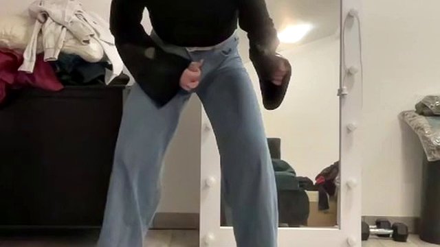 Wide leg flared palazzo jeans sissy in black jacket masturbating and waiting for mistress to suck cock and BDSM