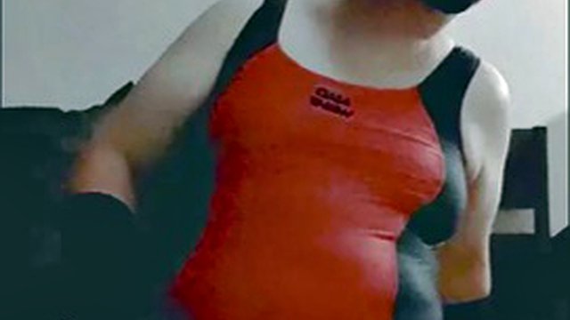 Chubby femboy fucks pillows and shows ass in sexy backless swimsuit