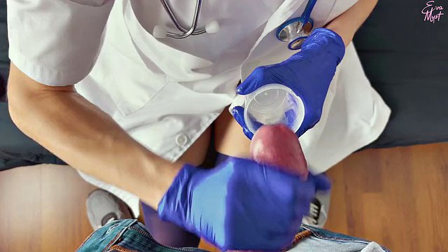 POV CFNM handjob only: nurse in surgical gloves is helping a hard to cum patient obtain a sperm sample for analysis
