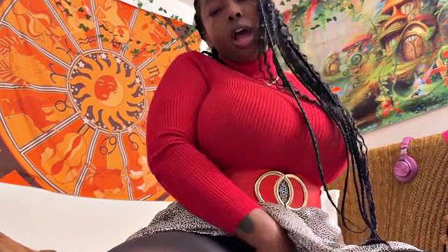 Busty Ebony Fucks a Dildo in Her Torn Leggings Tights