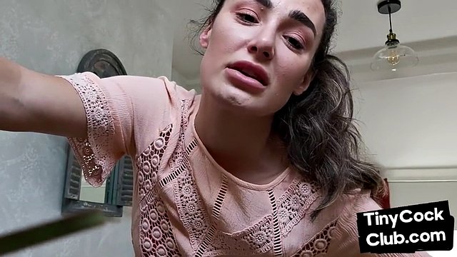 Femdom CFNM babe mocking small cock and teasing it