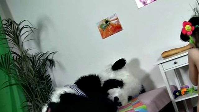 Attractive brunette girl seducing Panda bear