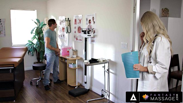 Doctor Emma Hix Catches Patient Emma Fantasy Stroking His Cock and Delivers Intense Blowjob Finish