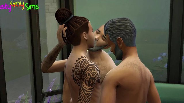 Two grandparents vs a young man - Two elderly couples celebrate their anniversary, gay threesome